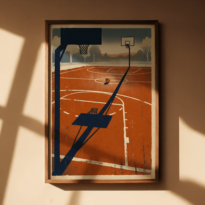 Outdoor Sports Wall Art framed minimalist basketball hoop and ball illustration with retro colours