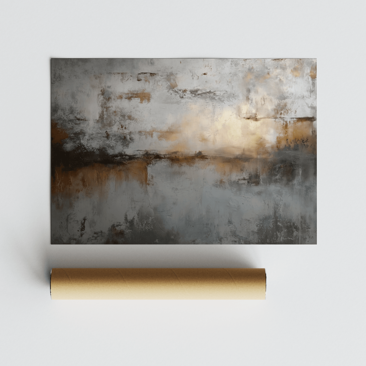 Abstract Gray Art Print rolled with packaging tube showing grey and brown textured design