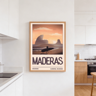 Nicaragua Surfer wall art of a surfer with surfboard in orange and brown tones in a modern kitchen