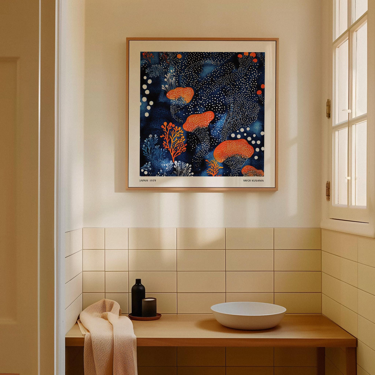 Abstract Floral Art print of orange mushrooms in blue and white hues in a minimal kitchen with a window
