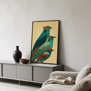 Colorful bird art print of three stylized birds in blue and orange leaning on a cabinet with pottery