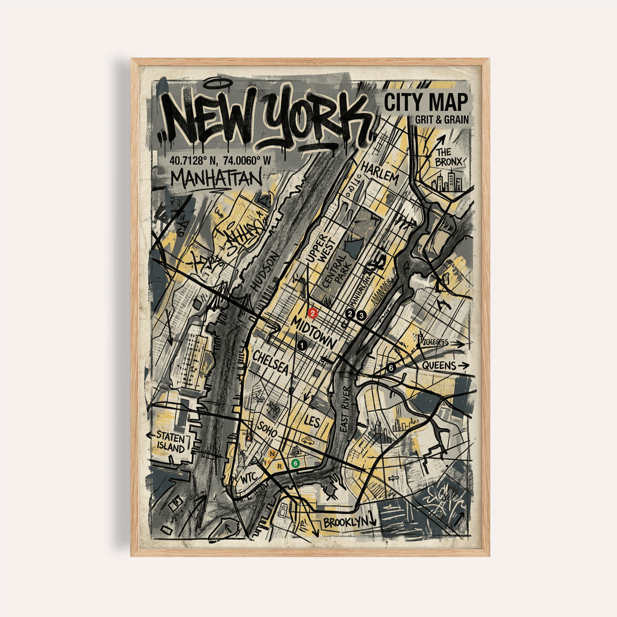 New York Graffiti Poster close-up of the city map illustration in grey and beige tones