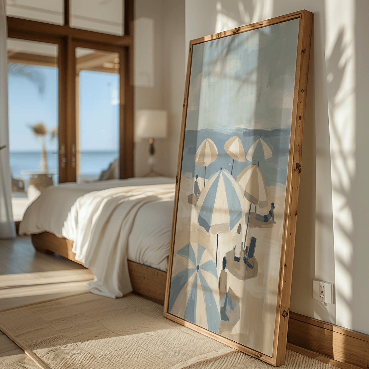 Beach Umbrella Art print leaning on floor with beige and blue umbrellas in a bright bedroom