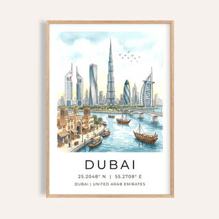 Framed Dubai skyline wall art in watercolour with blue sky and brown boats