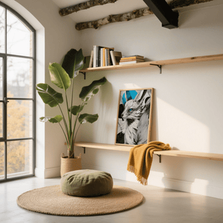Japanese Fox Print leaning on a wooden shelf with a mustard throw in a bright room with a large window and plant