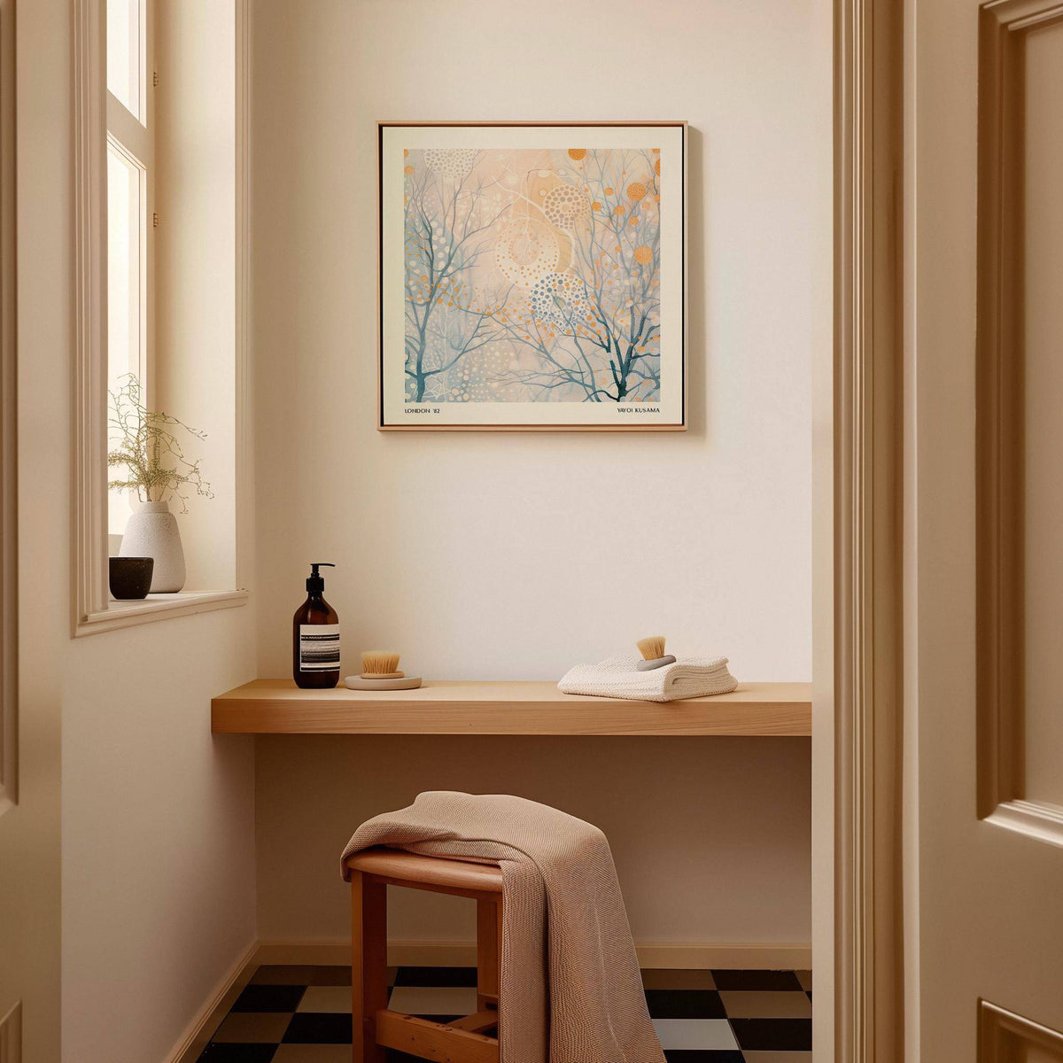 Minimalist Poster Art framed print with abstract branches and dots above a wooden shelf with soap and towel