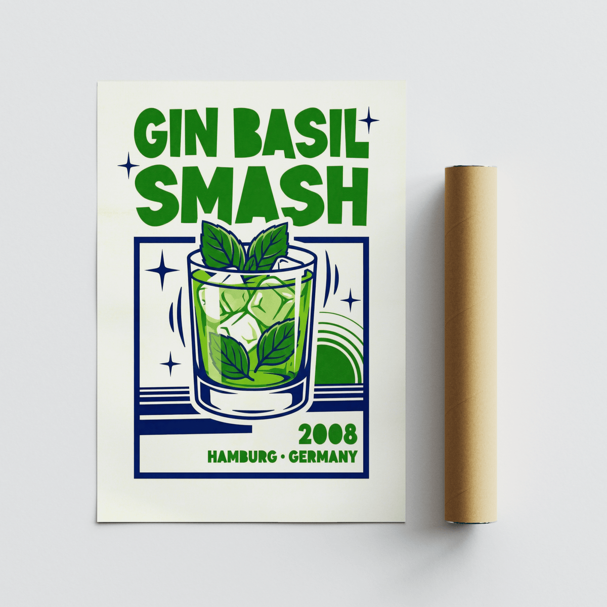 Gin Basil Smash Poster showing green and blue illustration of cocktail next to packaging tube