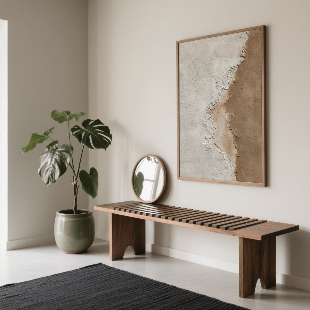Print on a wall in a neutral minimalist room with a wooden bench and round mirror nearby