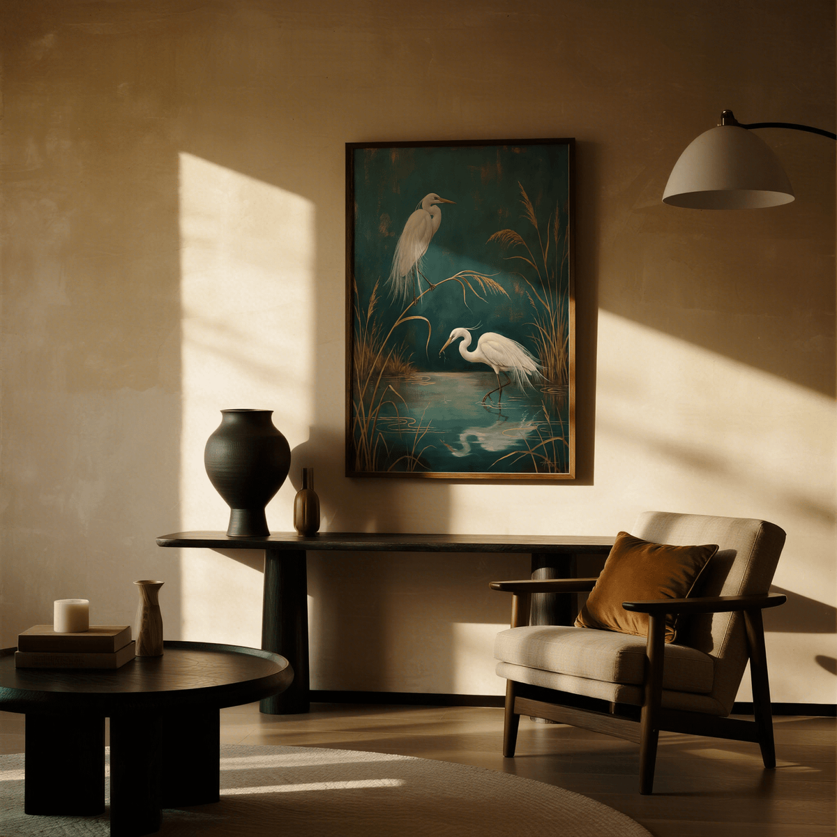 Egret wall art of two white egrets in a lake with teal and brown hues in a cosy living room with a lamp