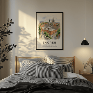 Zagreb City Art Print framed above a bed with striped cushions in a softly lit bedroom