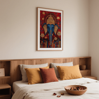 Vibrant Buddha wall art with blue and gold elephant head above a bed with mustard cushions