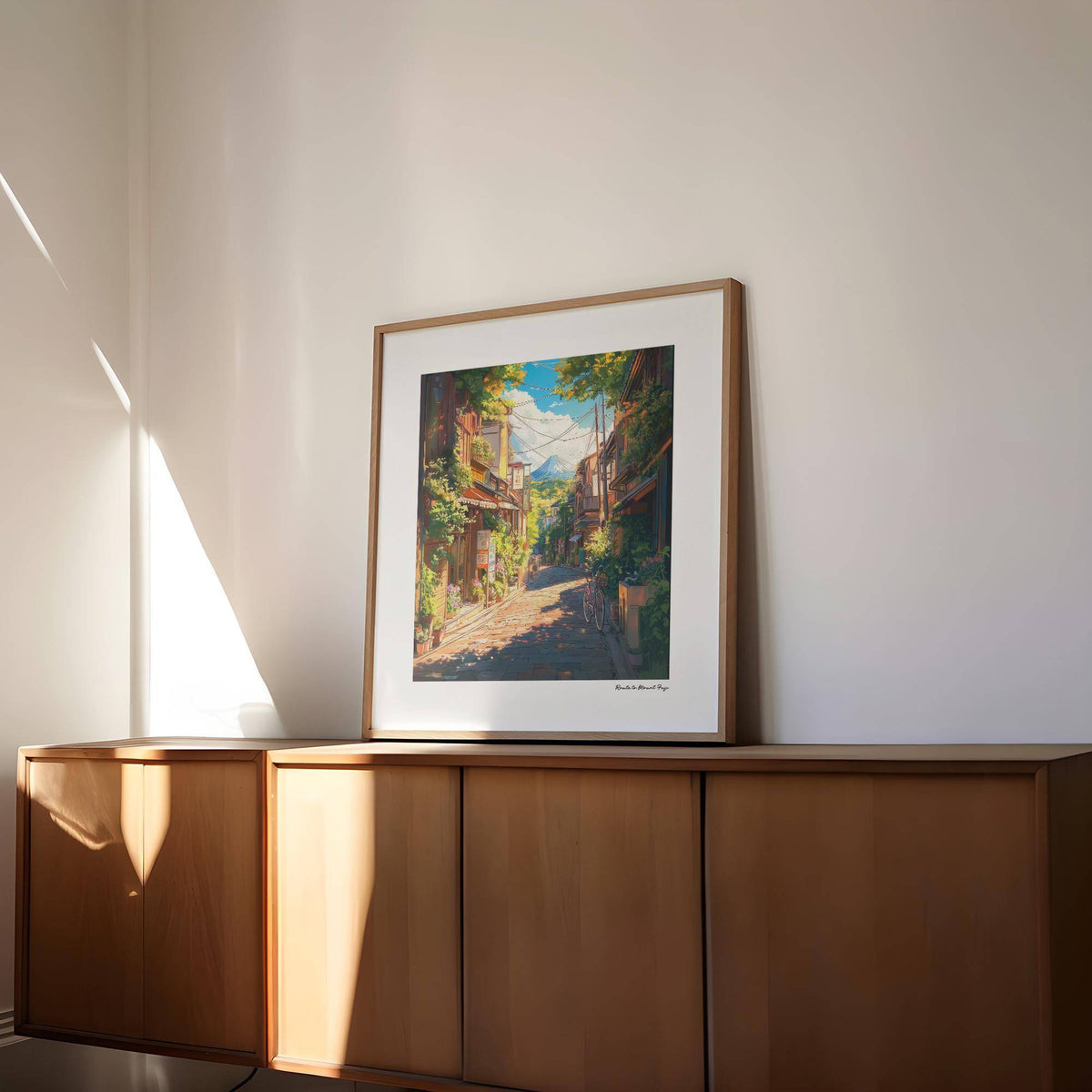 Prints Japanese Art framed print of a mountain street view with warm green and brown tones leaning on a wooden sideboard