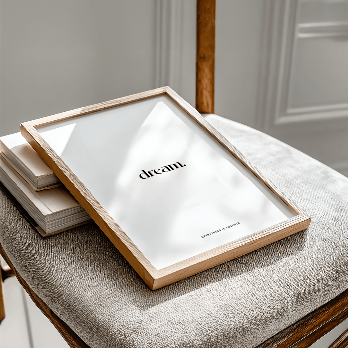 Personalised Quote Poster with the word dream in black on white close-up on a textured grey chair