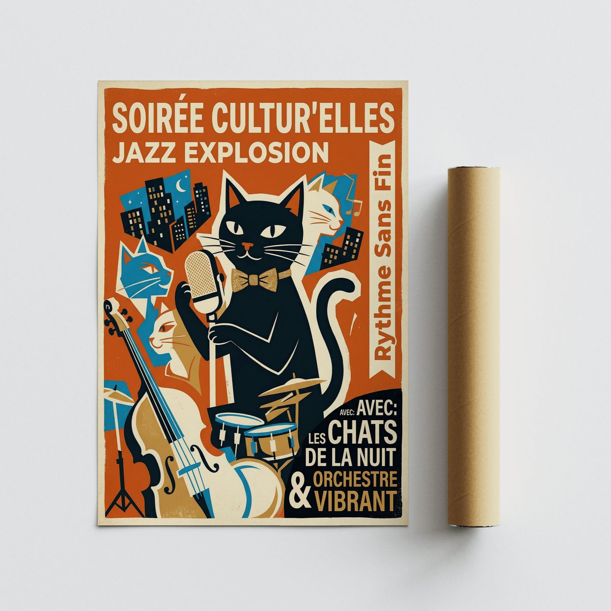 Vintage Jazz Poster leaning on a white surface next to a brown packaging tube