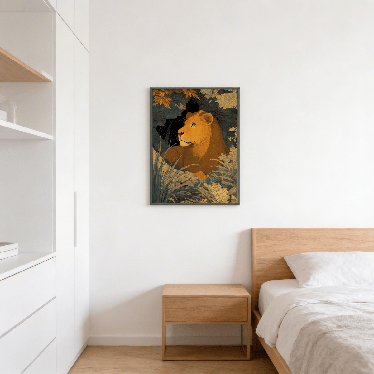 Wildlife Art Print of a lioness in warm brown and green tones on a bedroom wall above a wooden bedside table