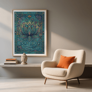 Colourful nature print of a lotus flower with birds and dragonflies above a shelf with a Buddha head sculpture