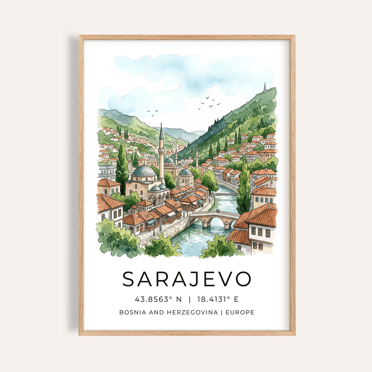 Framed Sarajevo City Print showing cityscape with river and mosque in watercolour style