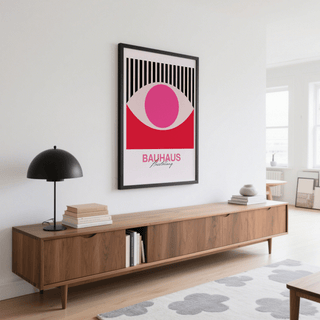 Abstract Eye Art framed print with black frame and pink red design above a wooden shelf with a black lamp