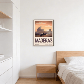 Nicaragua surfer wall art of a minimalist surfer with a surfboard in orange brown tones above a wooden side table