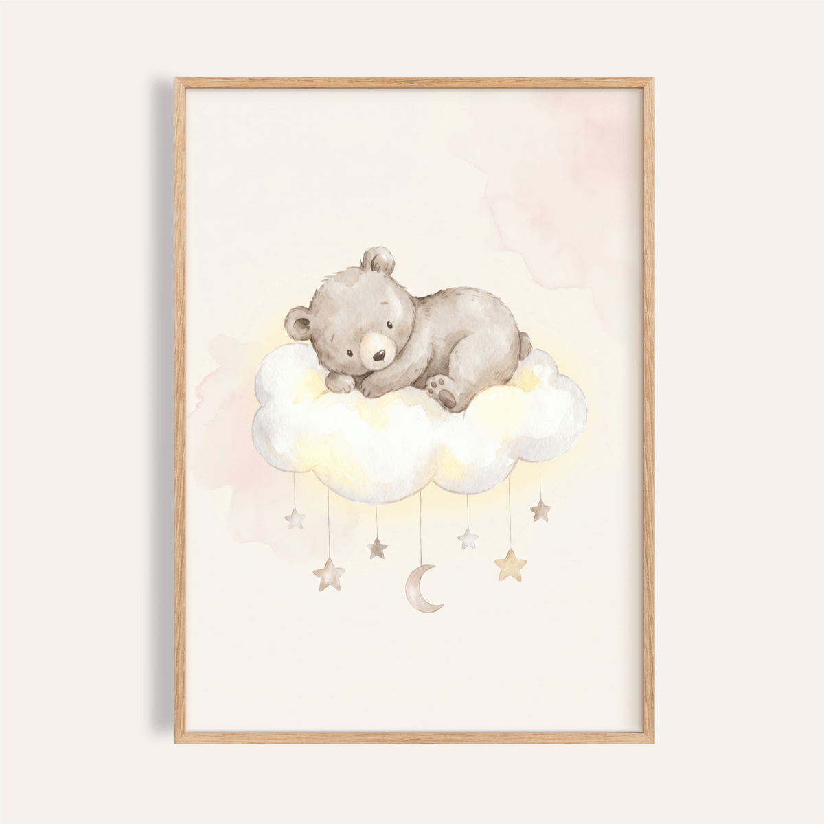 Bear Cloud Art Print of a watercolour sleeping bear on a cloud with hanging stars and a moon