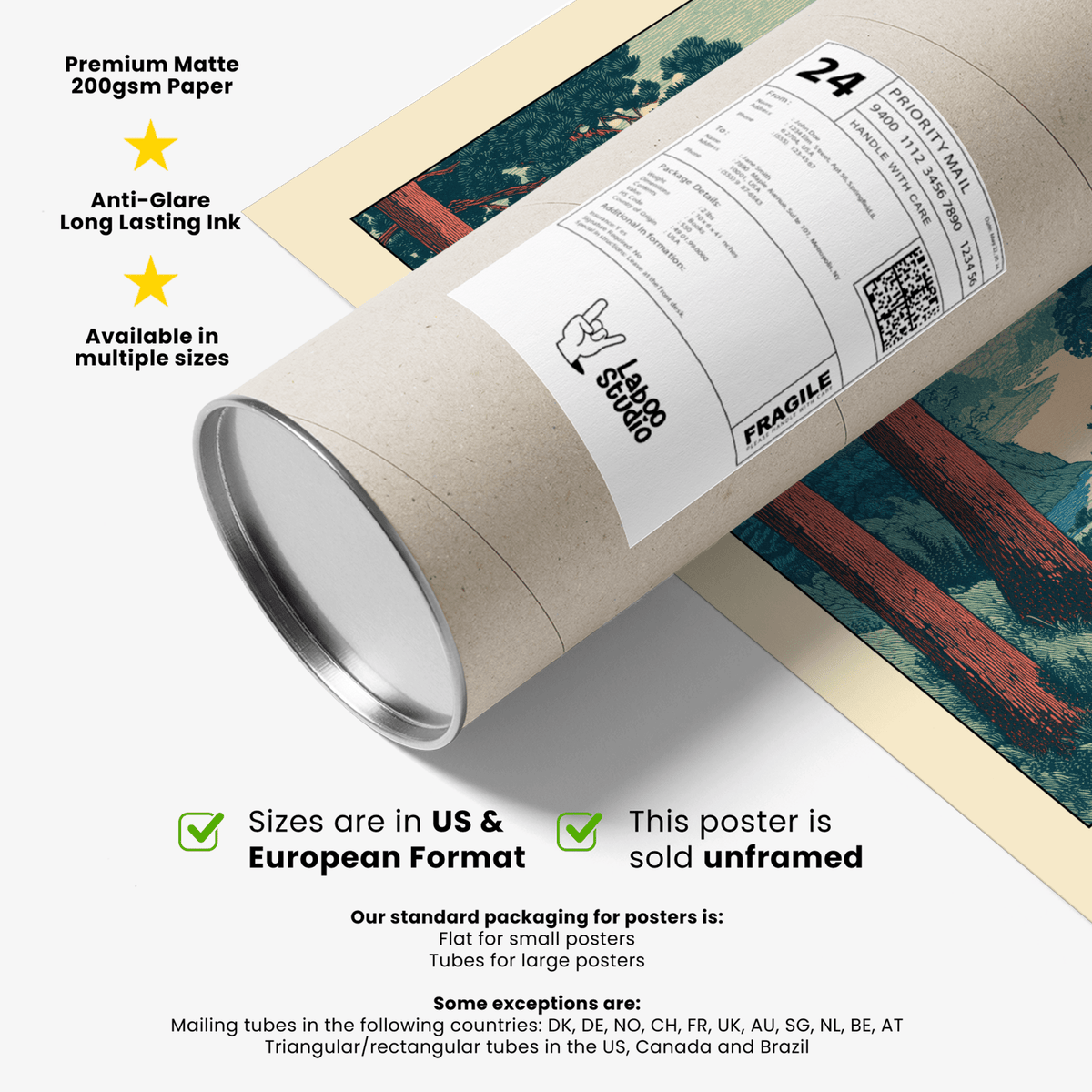 Packaging tube and rolled Hasui Kawase River Boat Print in muted green and red colours