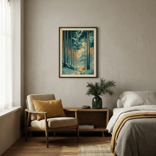 Japanese Fox Woodblock Print on a bedroom wall above a wooden cabinet with a green vase