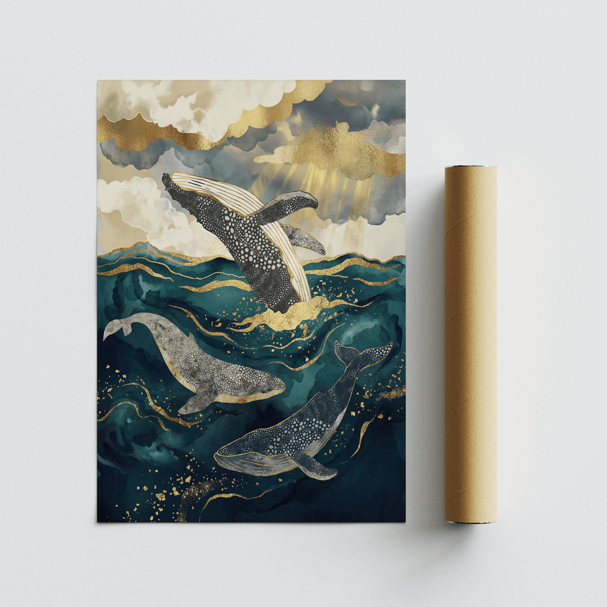 Ocean art print of humpback whales in blue water with gold accents next to a packaging tube