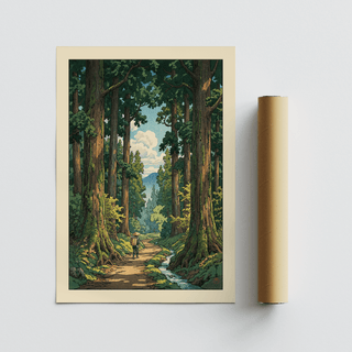 Forest path wall art with a hiker and tall green trees beside a winding stream with blue sky