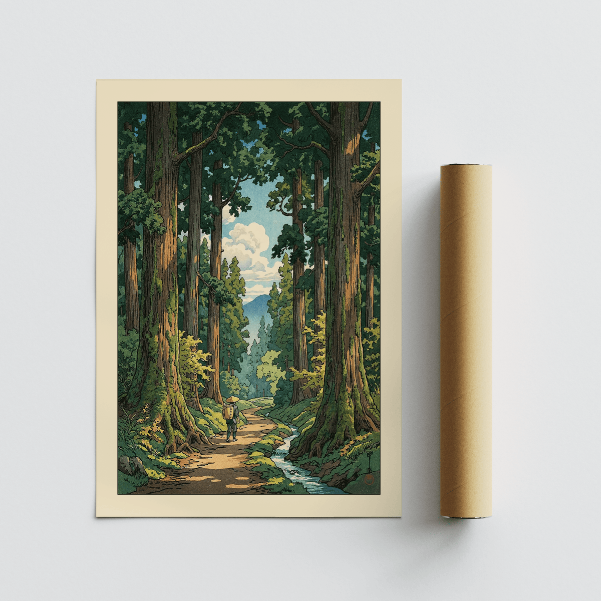 Forest path wall art with a hiker and tall green trees beside a winding stream with blue sky