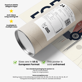 Packaging tube for Three Classic Racing Cars Poster with shipping label and part of the print visible