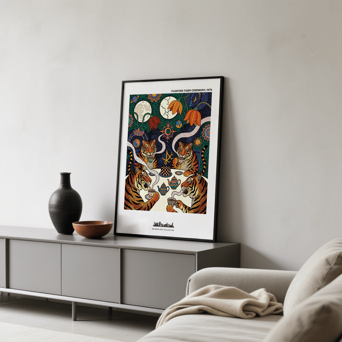 Tiger Tea Ceremony Print leaning on a grey sideboard with pottery in a muted lounge