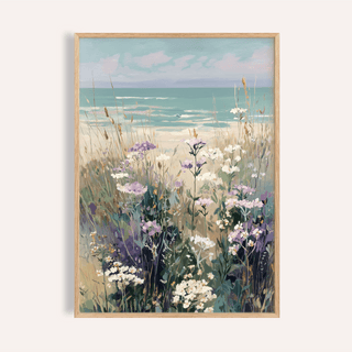 Framed Wildflower Beach Print of purple and white wildflowers with the sea in the background