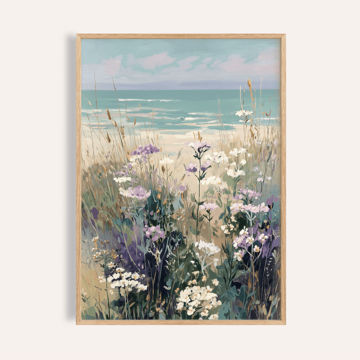 Framed Wildflower Beach Print of purple and white wildflowers with the sea in the background