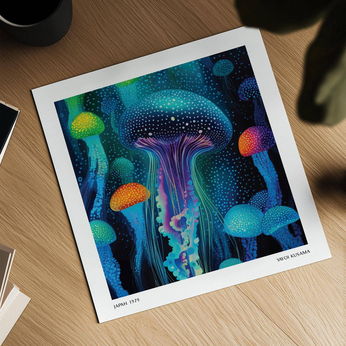 Jellyfish print on a wooden surface with a dark cup and leaves nearby