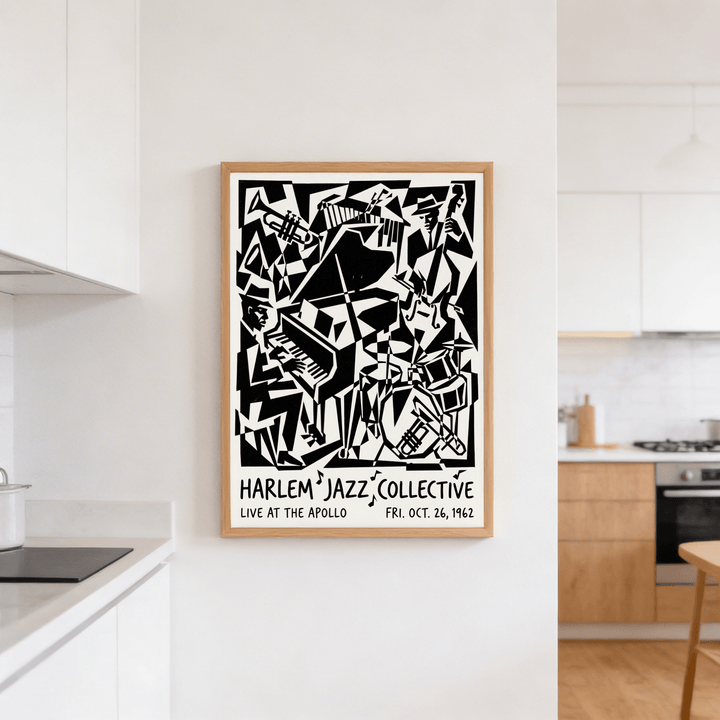 Harlem Jazz Print framed print close-up in black and white on a white wall in a kitchen