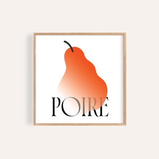Framed close-up of modern pear poster with orange gradient pear and black typography