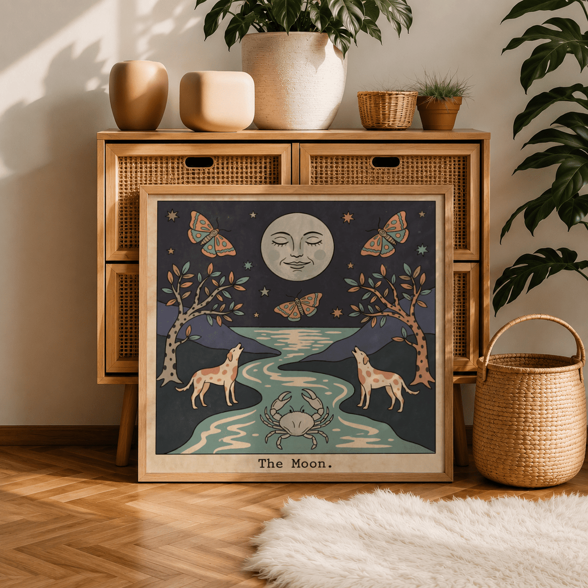 Print of The Moon Tarot Card Art leaning on a cabinet with plants and a basket nearby in a room