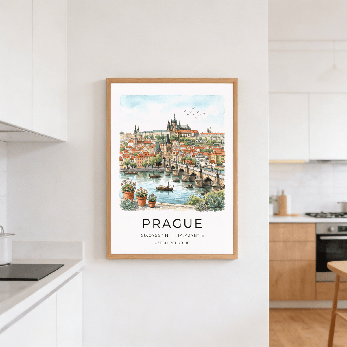 Prague City wall art in watercolour style with a cityscape and bridge in a kitchen
