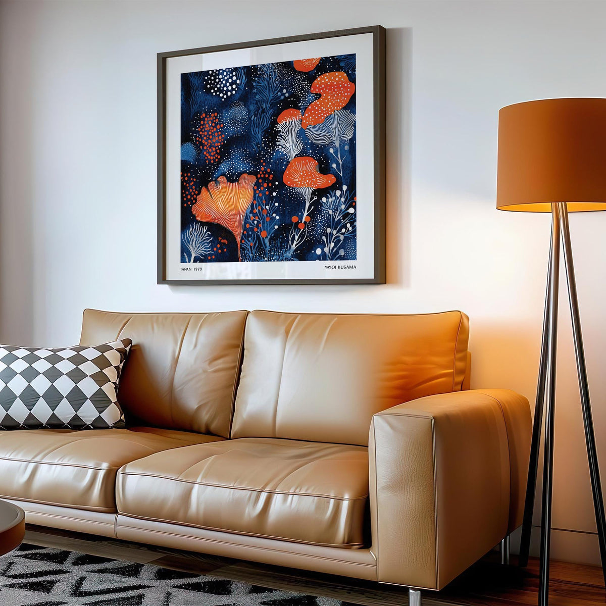 Unique Living Room Wall Art above a brown leather sofa with a tall floor lamp nearby