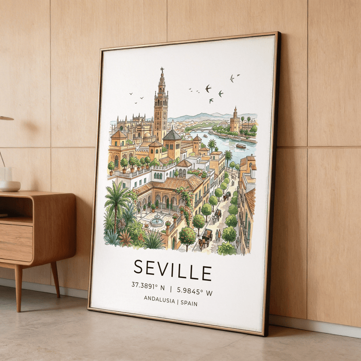 Seville art print leaning on the floor showcasing a watercolour cityscape with soft earthy tones and greenery