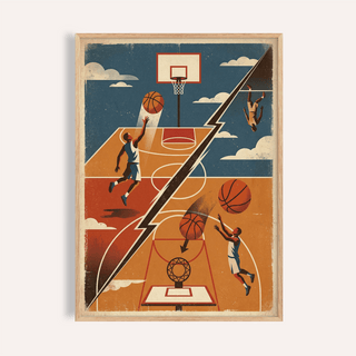 Framed Basketball Art Print of a retro illustration showing a basketball dunk in cream and orange tones