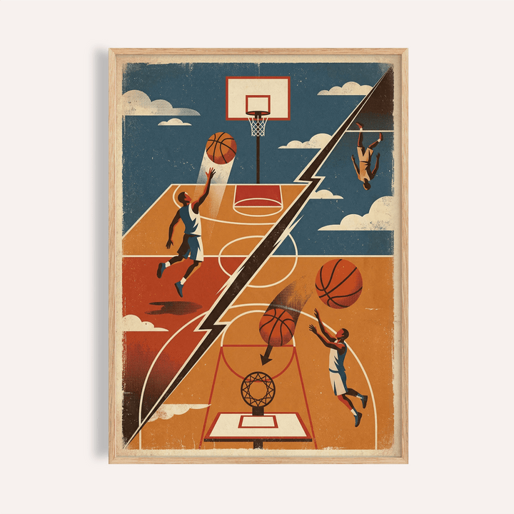 Framed Basketball Art Print of a retro illustration showing a basketball dunk in cream and orange tones