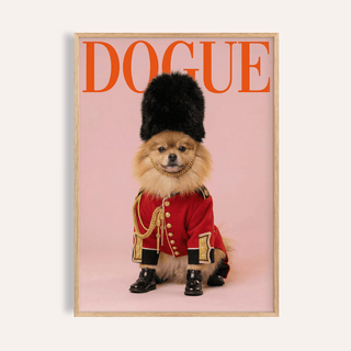 Framed Pomeranian Poster Print of a dog in a red royal guard uniform with black and gold details