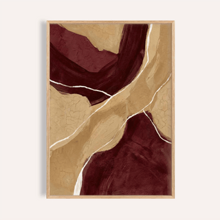 Neutral Organic Abstract Art with maroon and beige shapes in a natural wood frame