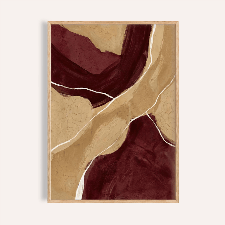 Neutral Organic Abstract Art with maroon and beige shapes in a natural wood frame