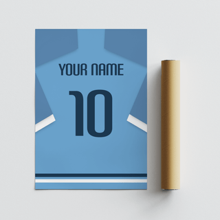 Rolled print next to football shirt poster in light blue with dark blue number on white surface