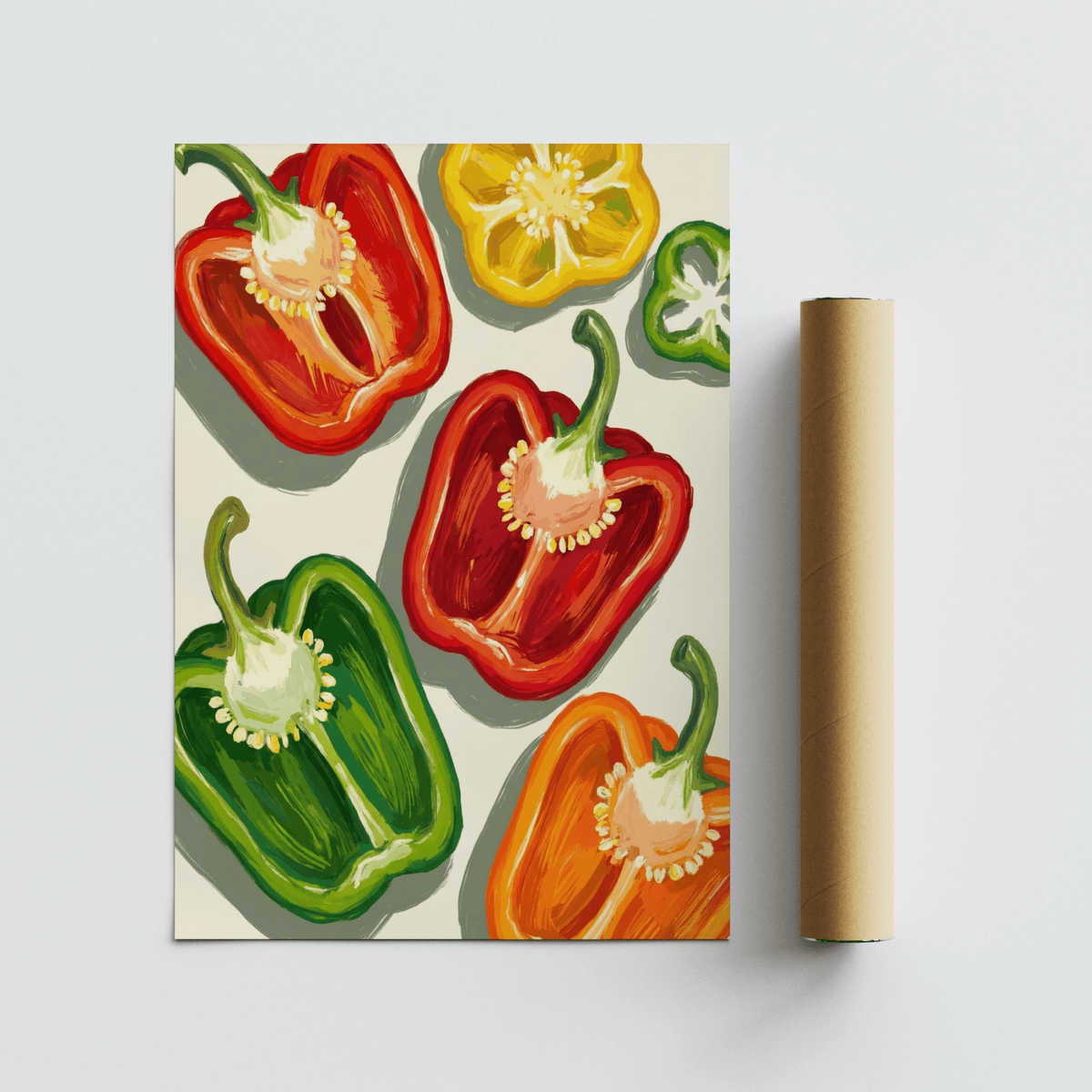 Rolled print with colourful Bell Pepper Art illustration of halved bell peppers on a white surface