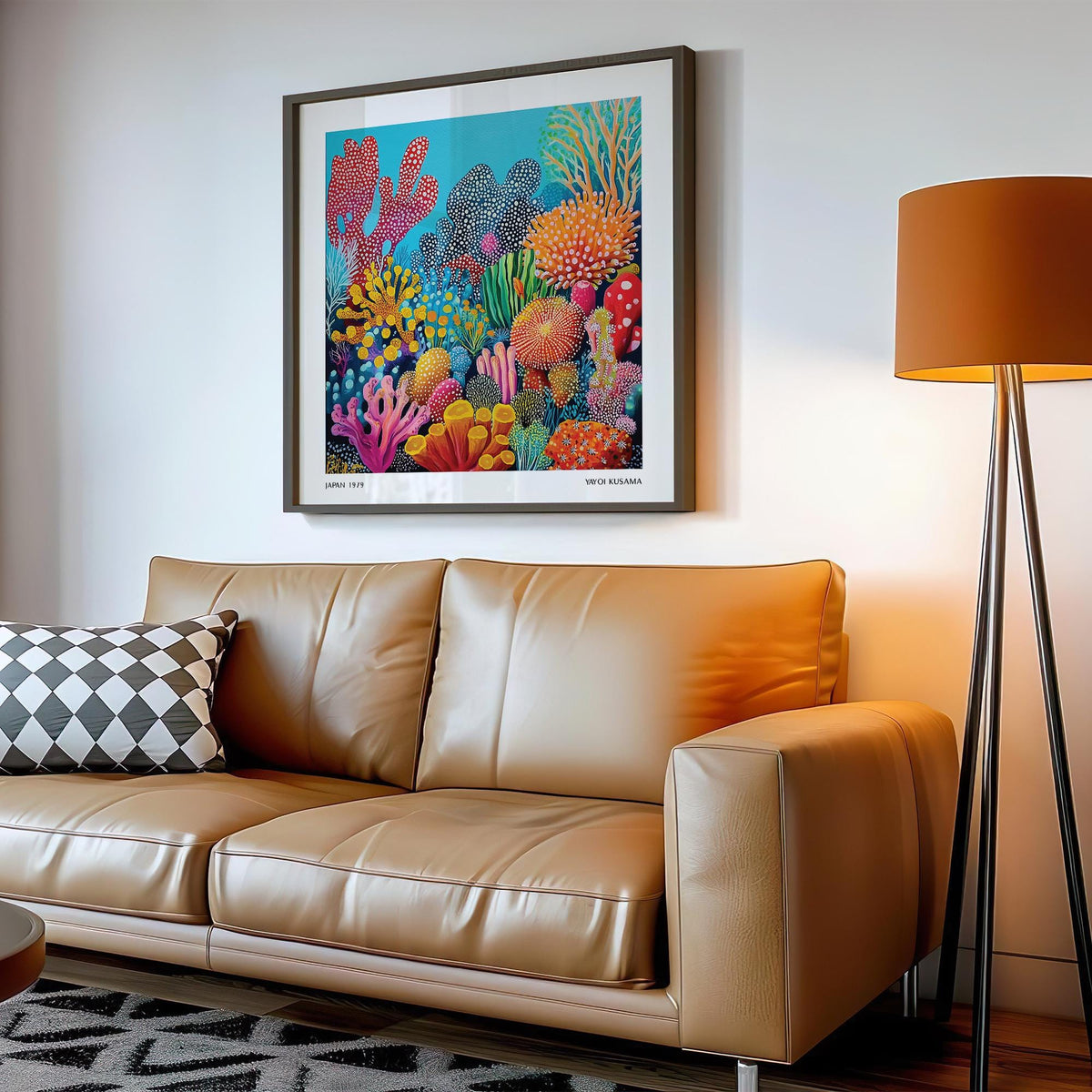 Colourful Ocean Picture print above a tan leather sofa with a black and white cushion in a living room
