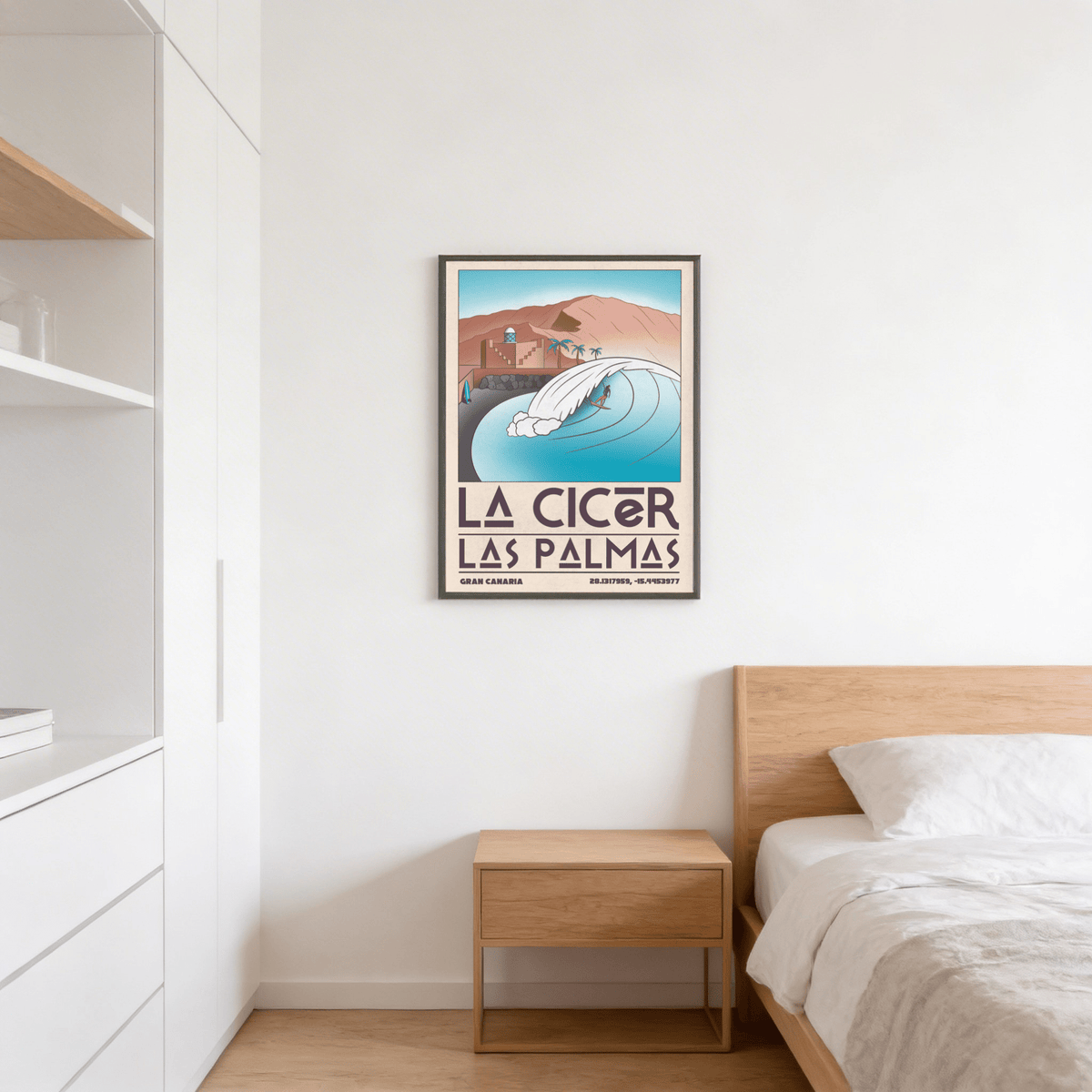 Las Palmas wall art of a surfer on a large wave in soft muted colours in a simple bedroom with wooden furniture