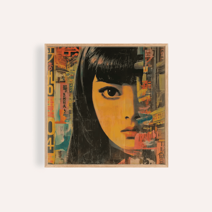 Framed print close-up of Japanese Pop Art with an anime style woman face in orange and black tones